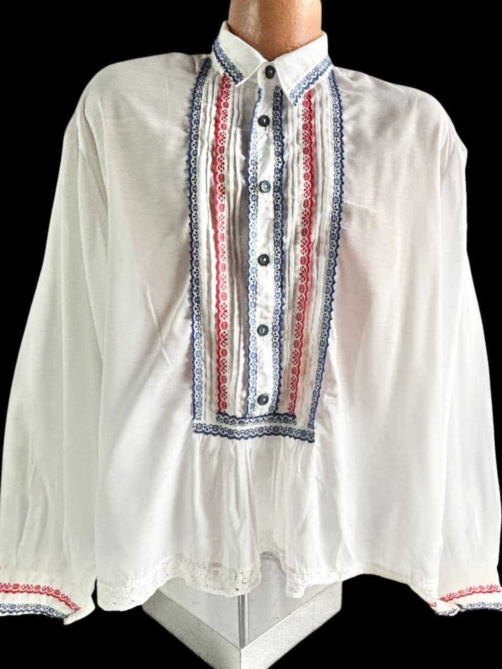 Hungarian White Folk Shirt Embroidered Trim Wide Sleeves